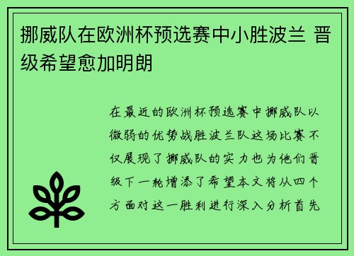 挪威队在欧洲杯预选赛中小胜波兰 晋级希望愈加明朗