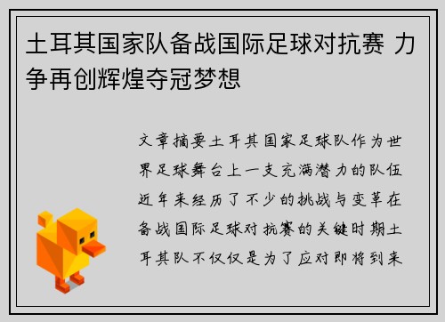 土耳其国家队备战国际足球对抗赛 力争再创辉煌夺冠梦想