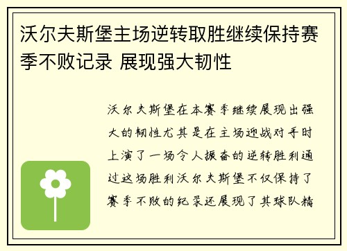 沃尔夫斯堡主场逆转取胜继续保持赛季不败记录 展现强大韧性