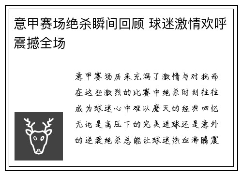 意甲赛场绝杀瞬间回顾 球迷激情欢呼震撼全场