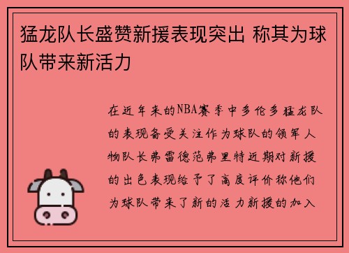 猛龙队长盛赞新援表现突出 称其为球队带来新活力