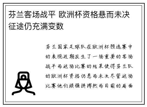 芬兰客场战平 欧洲杯资格悬而未决 征途仍充满变数