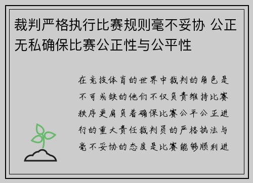 裁判严格执行比赛规则毫不妥协 公正无私确保比赛公正性与公平性