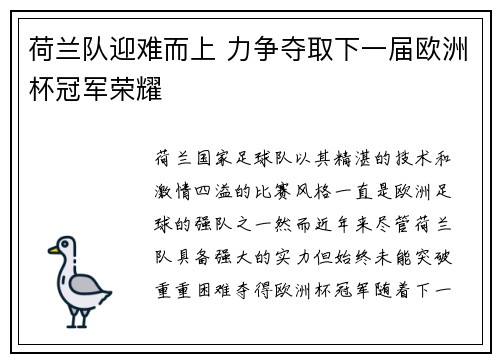 荷兰队迎难而上 力争夺取下一届欧洲杯冠军荣耀