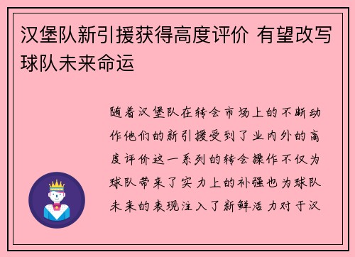 汉堡队新引援获得高度评价 有望改写球队未来命运